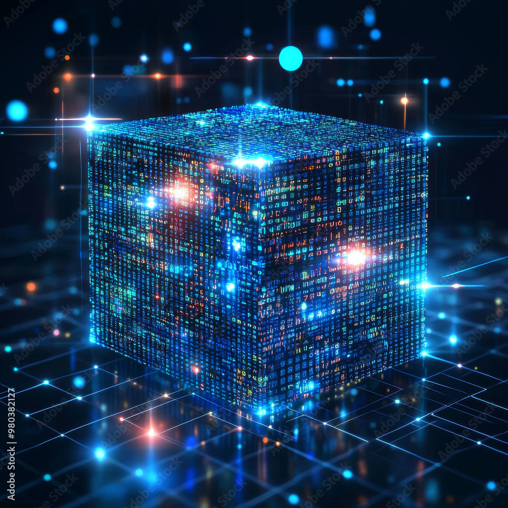 Poster digital background featuring a cube or box made of a matrix of digits. represents a blockchain of ab
