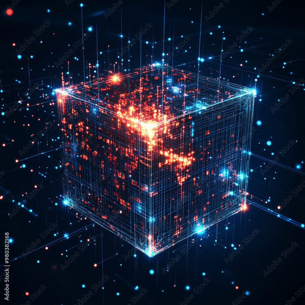Poster digital background featuring a cube or box made of a matrix of digits. represents a blockchain of ab