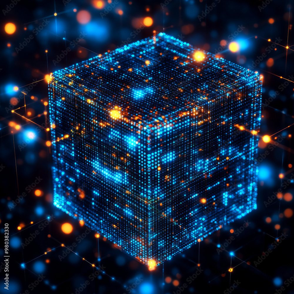 Poster digital background featuring a cube or box made of a matrix of digits. represents a blockchain of ab