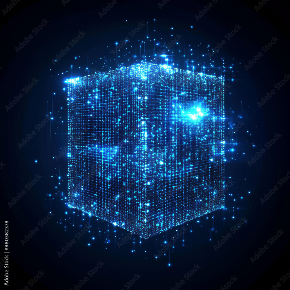 Poster digital background featuring a cube or box made of a matrix of digits. represents a blockchain of ab