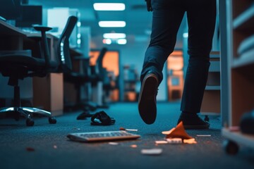 Obraz premium Man Sneaking Out of Messy Office at Night