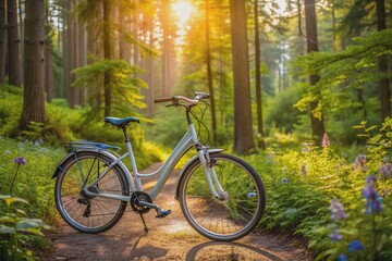 Fototapeta premium A sleek, silver electric bicycle with glowing blue accents rests beside a winding forest trail, surrounded by lush greenery and vibrant wildflowers, embracing eco-friendly adventure.