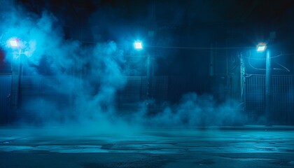 Eerie alleyway shrouded in a mysterious blue fog at night