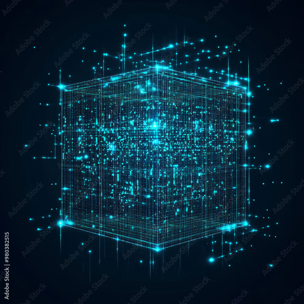 Poster digital background featuring a cube or box made of a matrix of digits. represents a blockchain of ab