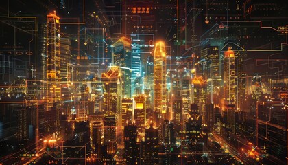 Glowing orange digital cityscape with skyscrapers and data visualization