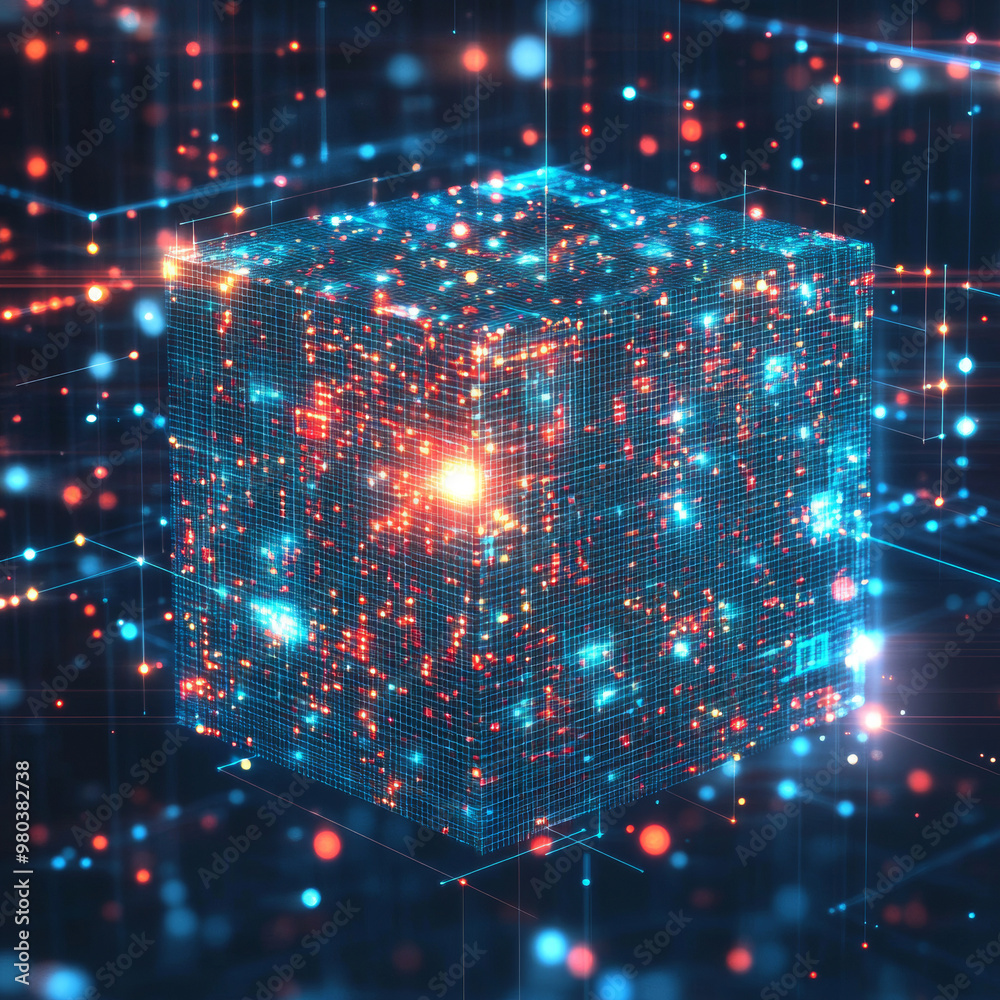 Poster digital background featuring a cube or box made of a matrix of digits. represents a blockchain of ab