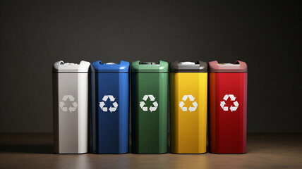 Color-coded recycling bins arranged in a row, each labeled with a recycling symbol.