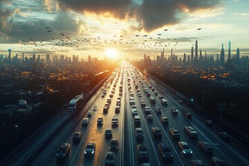 Fototapeta premium A busy highway with many cars and a city skyline in the background