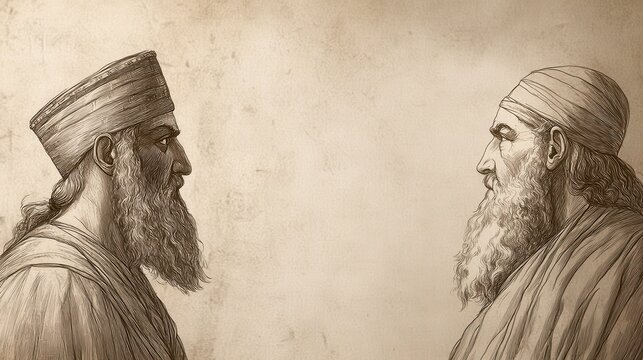 2 Kings Scene: Prophets Amos and Hosea Warn Jeroboam II of Israel&rsquo;s Sins, Biblical Illustration on Beige Background