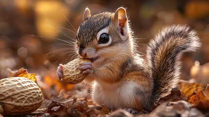 Obraz premium A cute baby squirrel with big eyes is eating a peanut in the forest.