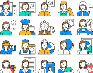 Female Occupation Collection Icons Set Vector. Doctor And Musician, Interpreter And Farmer, Architect And Judge Woman Occupation color Contour Illustrations