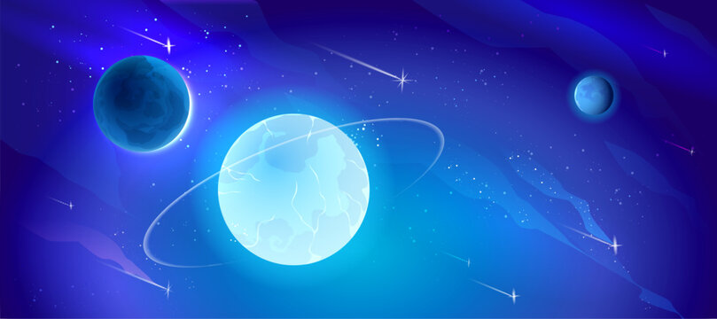 Blue outer space background with stars and nebula, neon glowing planets with orbit and falling asteroids. Cartoon vector illustration of cosmos bg with celestial bodies. Fantasy astronomy backdrop.