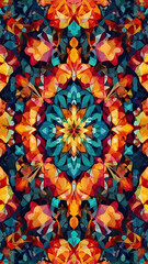 A symmetrical kaleidoscope pattern in bright, vibrant colors, with geometric shapes forming a captivating design, perfect for a visually striking mobile wallpaper
