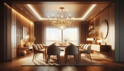 Fototapeta premium Modern dining room featuring wood accents and elegant lighting. Home design concept. 3D Rendering