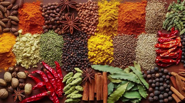 A colorful array of spices and herbs. Colorful spices, nuts, seeds, dried fruits, and herbal flowers. Seasoning spices background. Culinary traditions. Spices for cooking. Natural ingredients. Healthy