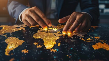 Person analyzing a glowing digital map, signifying global finance and market trends