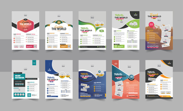 Modern travel poster bundle or creative print ready tour, travel, tourism flyer design template layout set