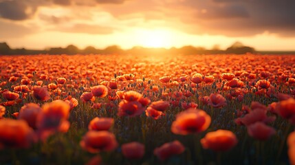 Obraz premium A vibrant field of red poppies glowing under a beautiful sunset