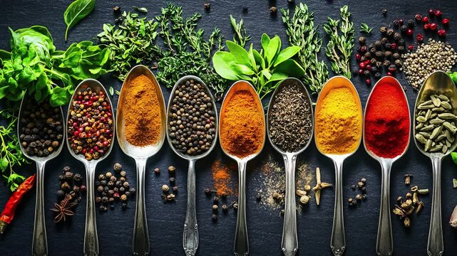 A colorful array of spices and herbs. Colorful spices, nuts, seeds, dried fruits, and herbal flowers. Seasoning spices background. Culinary traditions. Spices for cooking. Natural ingredients. Healthy