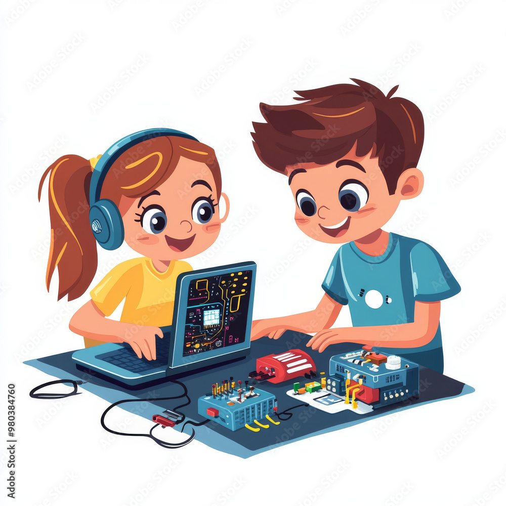 Poster electronics engineering and hardware programming for teenagers:a boy and girl are programming on a l