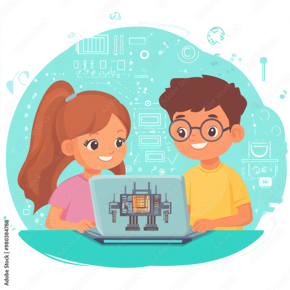 Poster electronics engineering and hardware programming for teenagers:a boy and girl are programming on a l