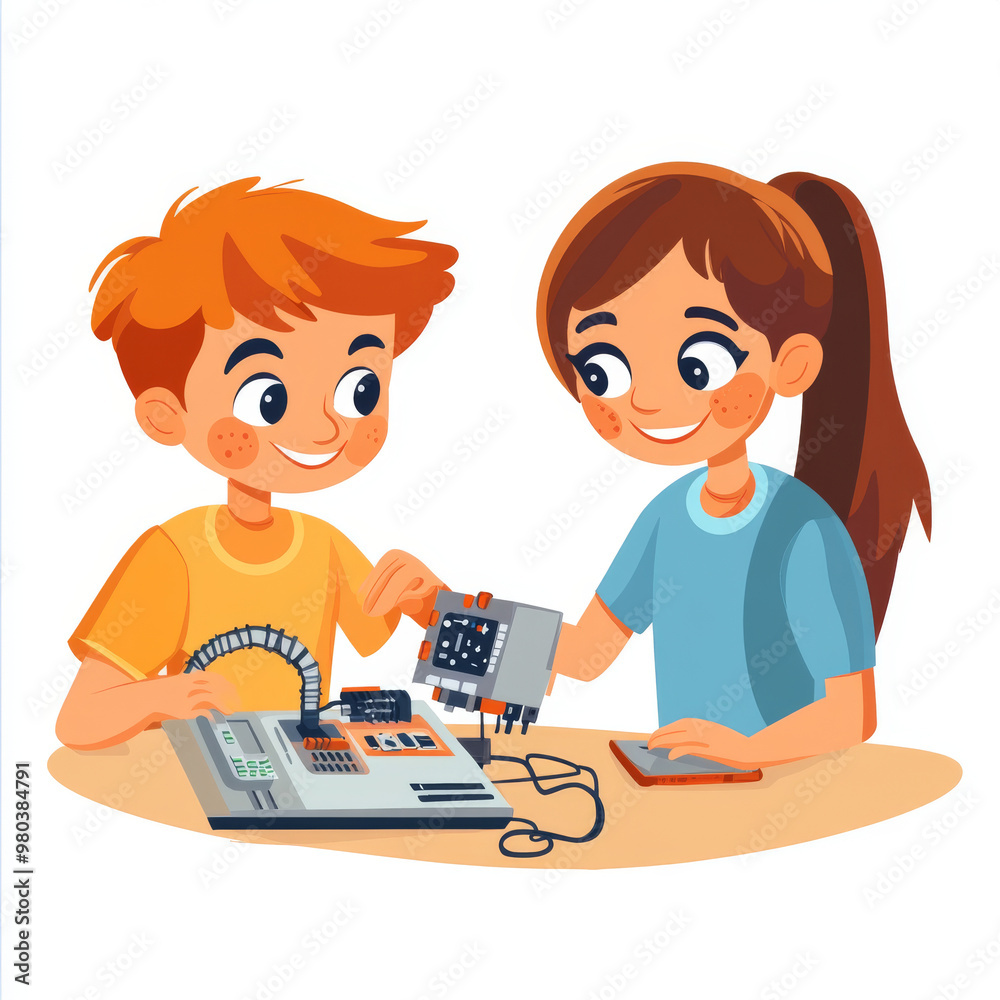 Poster electronics engineering and hardware programming for teenagers:a boy and girl are programming on a l