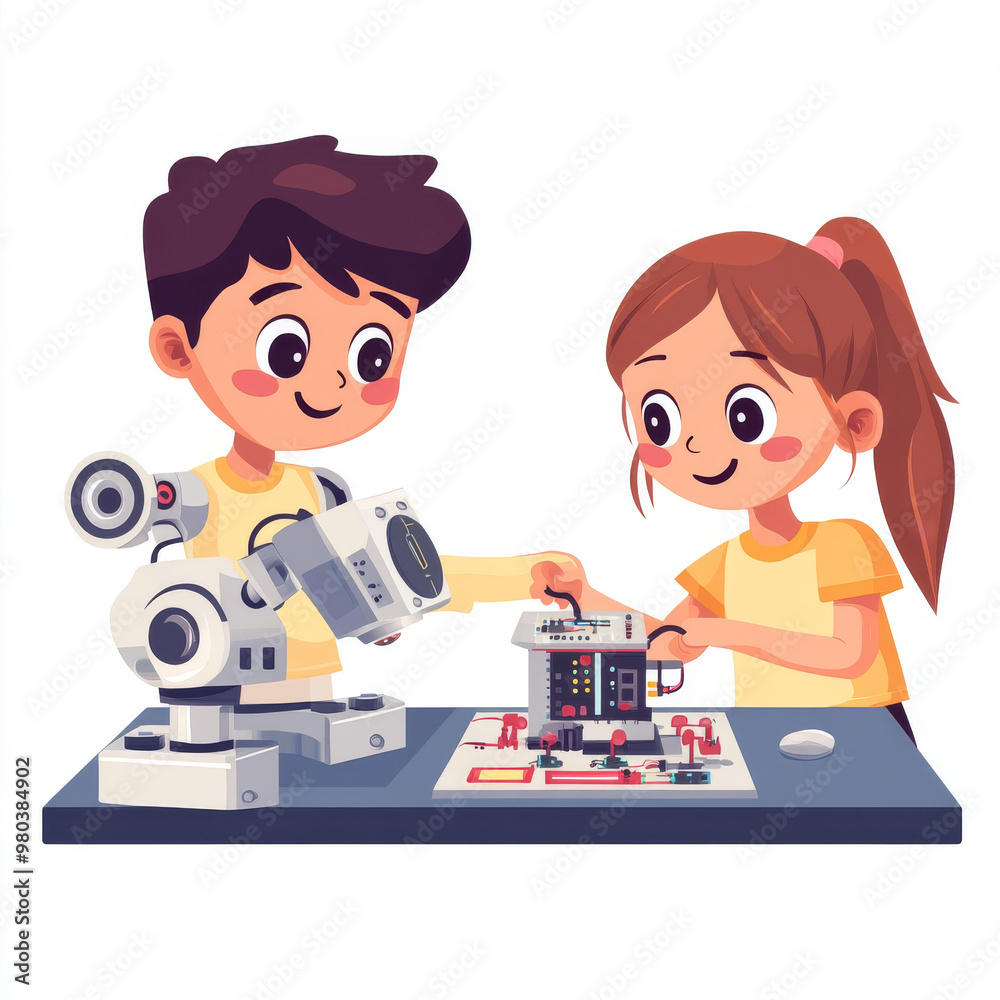 Poster electronics engineering and hardware programming for teenagers:a boy and girl are programming on a l