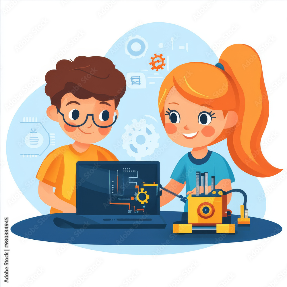 Poster electronics engineering and hardware programming for teenagers:a boy and girl are programming on a l