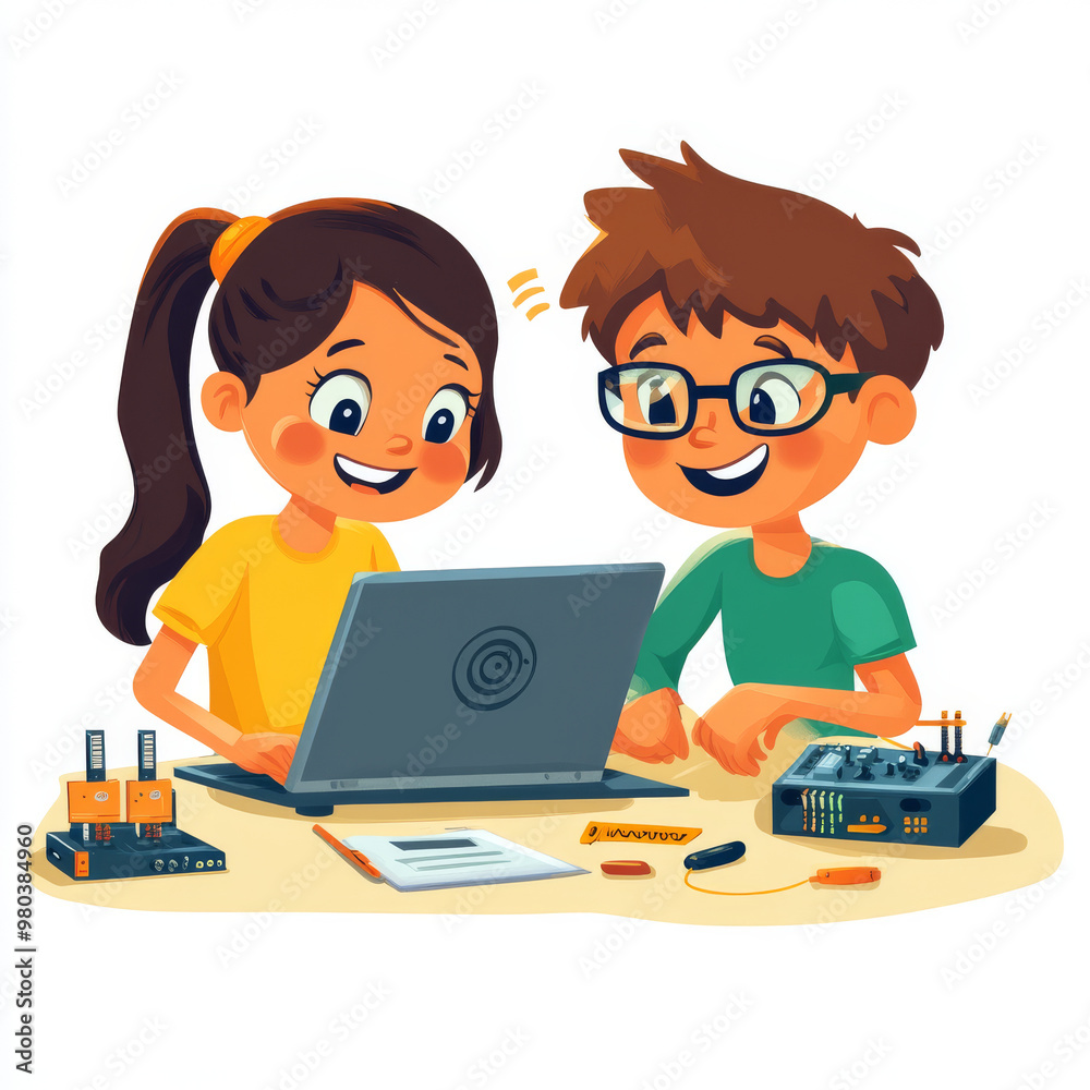 Poster electronics engineering and hardware programming for teenagers:a boy and girl are programming on a l