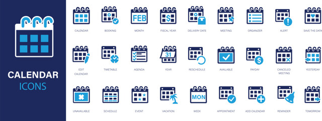 Calendar flat icons set. Schedule, date, event, week, alert, agenda,  icons and more signs. Flat icon collection.