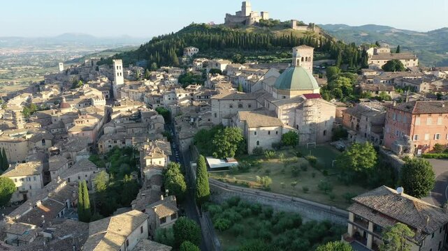 Aerial view of Assisi city center, Basilica of Santa Chiara, Cathedral of San Rufino and vineyards on the slopes in summer at sunrise, Perugia, Italy, Europe