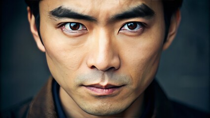 Obraz premium A delicate eyebrow arch frames the soft, almond-shaped eyes of an Asian person, whispers of sadness and hope