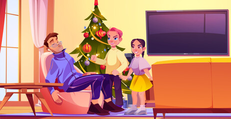 Naughty children looking at sleeping father in armchair. Vector cartoon illustration of teen boy and girl standing near asleep man in living room with decorated Christmas tree and TV on wall, bad joke