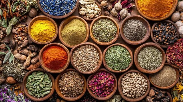 A colorful array of spices and herbs. Colorful spices, nuts, seeds, dried fruits, and herbal flowers. Seasoning spices background. Culinary traditions. Spices for cooking. Natural ingredients. Healthy