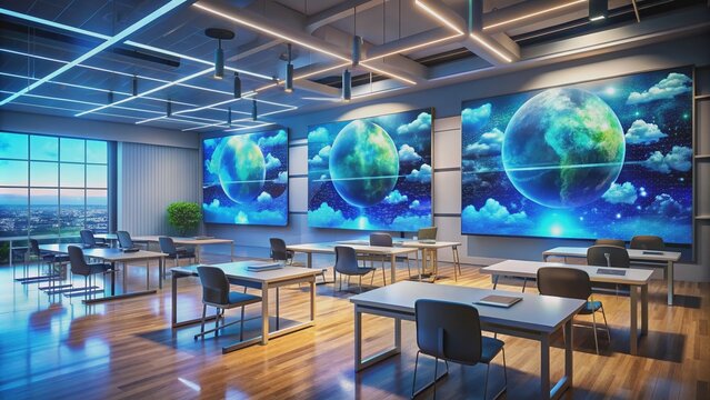 Vibrant 8K visualization of modern cloud-based educational platform, featuring virtual whiteboards, interactive modules, and digital resources, set in a futuristic virtual classroom environment.