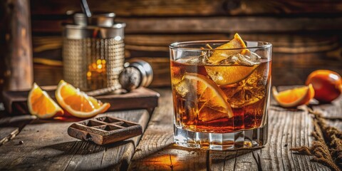 Rich amber whisky and cola fusion in a rustic wooden setting, garnished with a vibrant orange wedge on a vintage-style bar countertop.