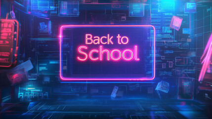 Banner with the text "Back to School." Neon letters "Back to School" framed in a computer tech style. Neon template background for education and study. 3D elements surrounding the "Back to School" tit