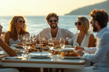 Obraz premium A group of people are sitting at a table with wine glasses and plates of food