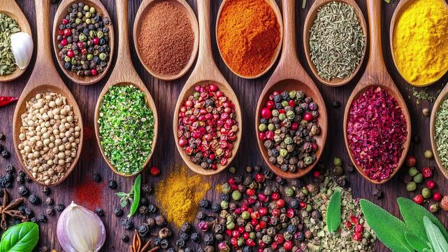 A colorful array of spices and herbs. Colorful spices, nuts, seeds, dried fruits, and herbal flowers. Seasoning spices background. Culinary traditions. Spices for cooking. Natural ingredients. Healthy