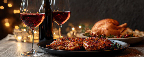 A plate of food with two glasses of wine on a table. Scene is festive and celebratory