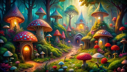 Fototapeta premium Whimsical underground scene with vibrant acrylic paintings of fairy tale creatures amidst lush foliage surrounding a miniature illuminated glowing mushroom house.