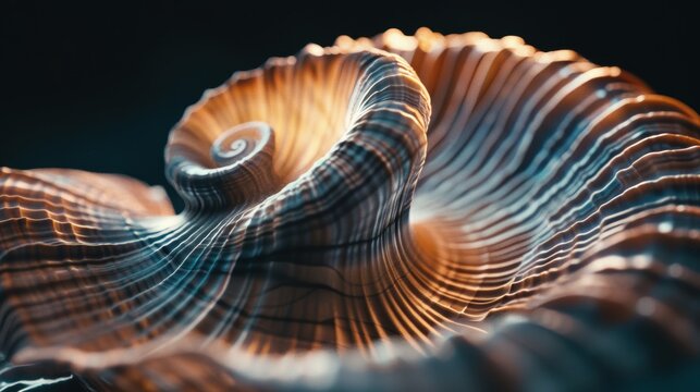 Nautilus shell highlighted in an abstract setting, showcasing its detailed spiral. The shell's geometric design is a beautiful display of marine life and nature.