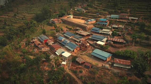 Aerial view of Simle Village of Gorkha Nepal, Himalayas on Background