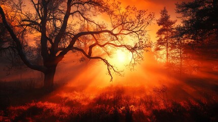 Naklejka premium Misty Forest Sunrise with Sunbeams