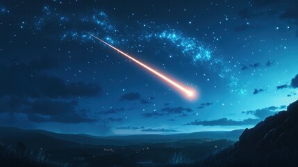A lone meteor streaks through the night, its glowing trail cutting through the darkness