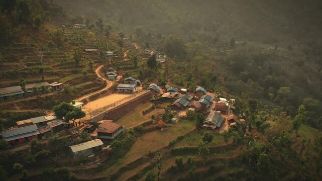 Aerial view of Simle Village of Gorkha Nepal, Himalayas on Background
