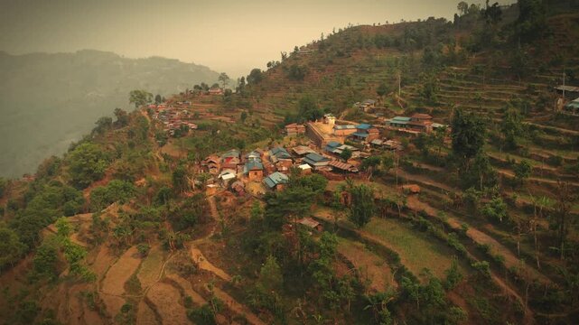Aerial view of Simle Village of Gorkha Nepal, Himalayas on Background