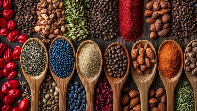 A colorful array of spices and herbs. Colorful spices, nuts, seeds, dried fruits, and herbal flowers. Seasoning spices background. Culinary traditions. Spices for cooking. Natural ingredients. Healthy