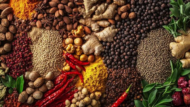 A colorful array of spices and herbs. Colorful spices, nuts, seeds, dried fruits, and herbal flowers. Seasoning spices background. Culinary traditions. Spices for cooking. Natural ingredients. Healthy