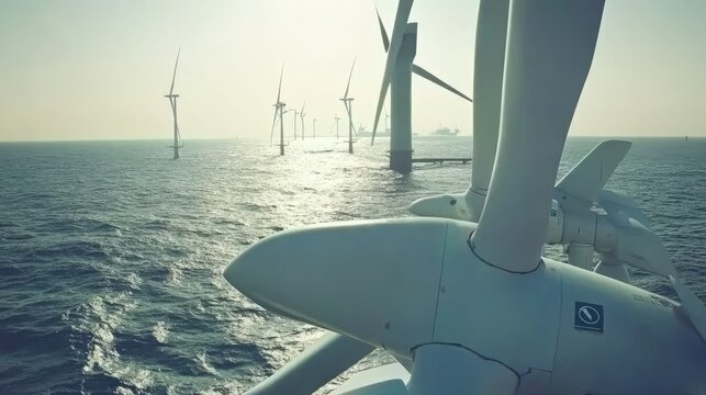 Parques e&oacute;licos offshore en medio del mar, mostrando varias turbinas capturando energ&iacute;a e&oacute;lica en un entorno natural tranquilo al amanecer.